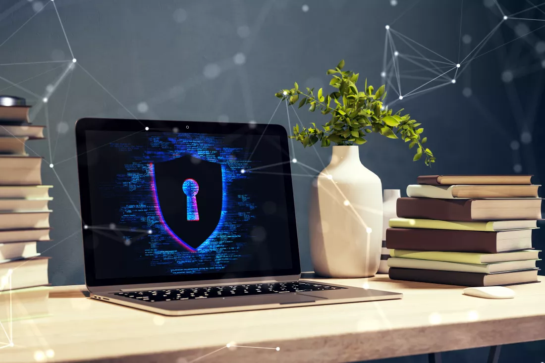 close-up-modern-designer-workplace-with-books-laptop-creative-polygonal-digital-safety-hologram-blurry-background-secure-protection-hacking-concept-3d-rendering